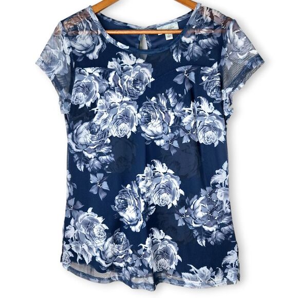Dress Barn Tops - Dressbarn Floral Roses Sheer Mesh Neckline Short Sleeve Fitted Blouse Top Sz L